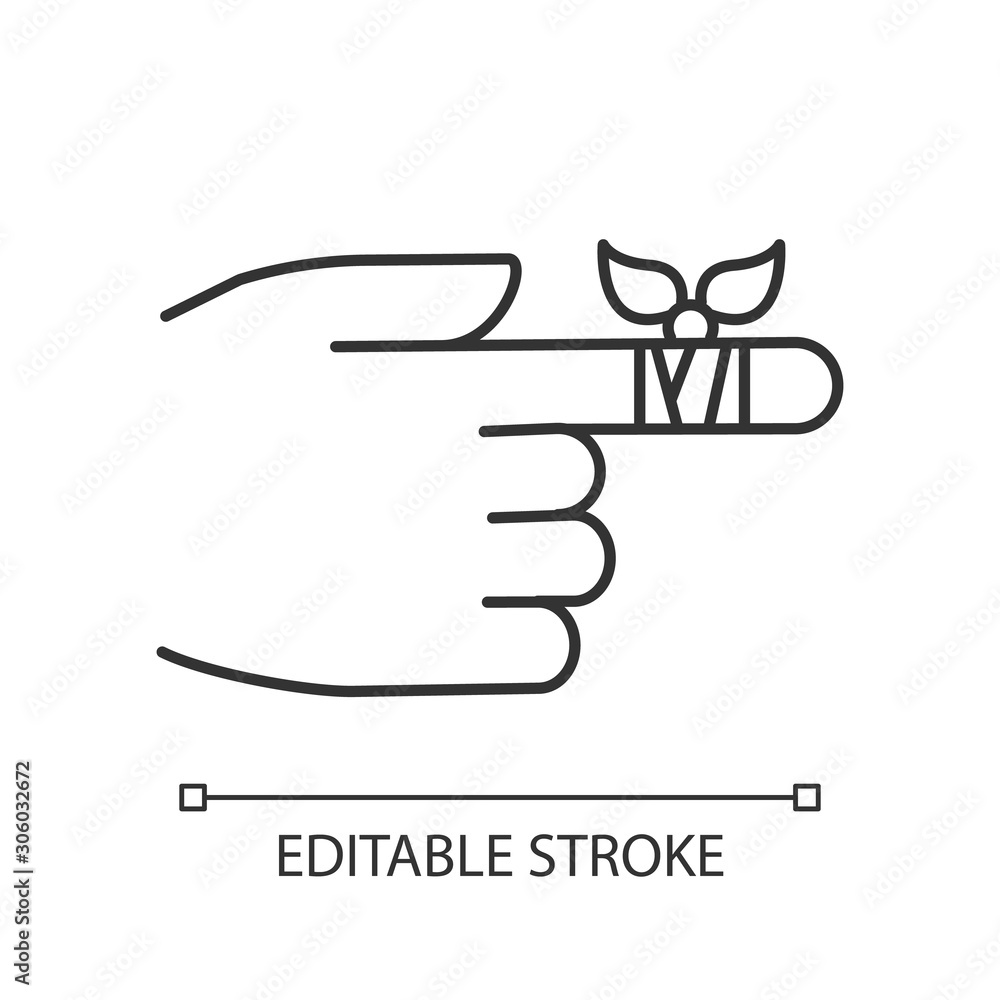 Bandaging linear icon. Hurt finger. Hand injury. Arm pain help. First aid. Medical procedure