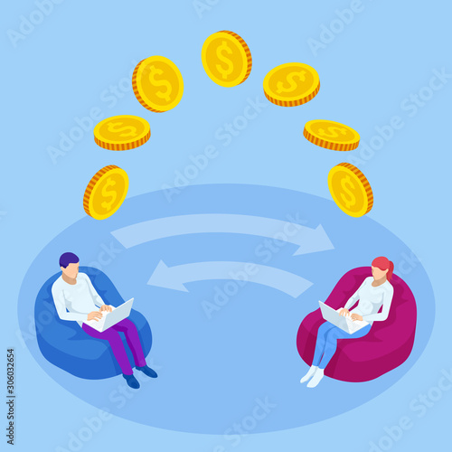 Isometric customer to customer C2C, business marketing concept. Online business, Partnership and Agreement