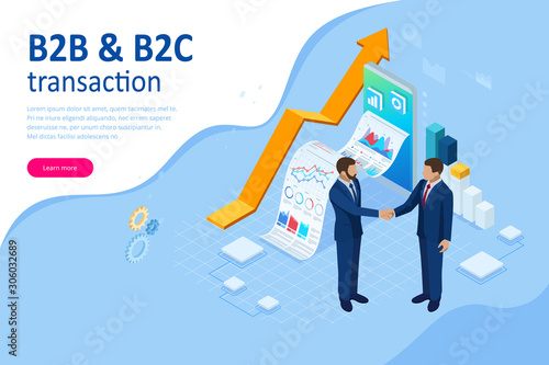 Isometric Business to Business Marketing, B2B Solution, business marketing concept. Online business, Partnership and Agreement