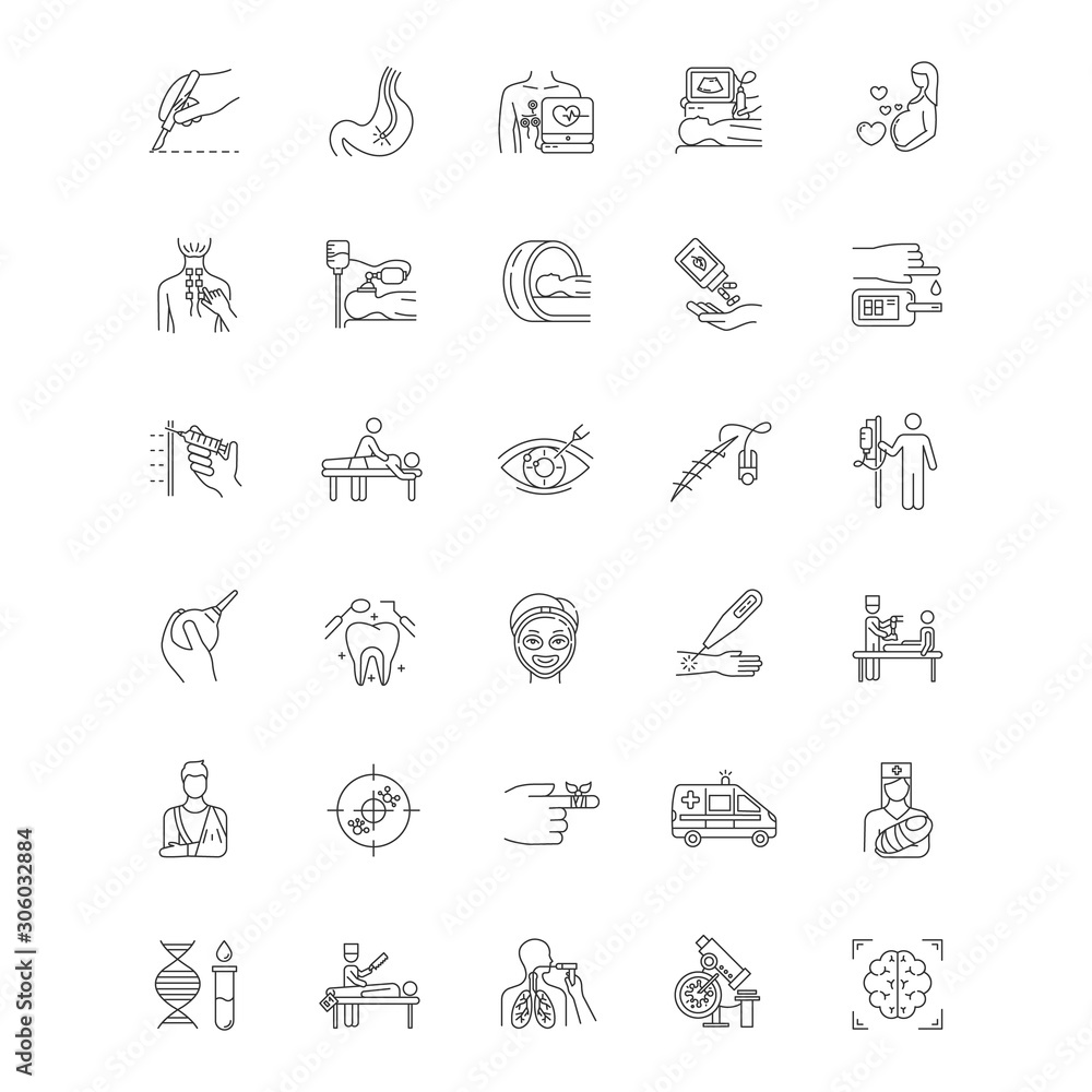 Medical Procedure Linear Icons Set Surgery Endoscopy Brain Scan