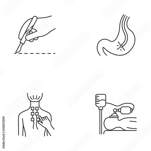 Medical procedure linear icons set. Surgery. Endoscopy and gastroscopy. Physiotherapy. Back pain relief. Anesthesia. Thin line contour symbols. Isolated vector outline illustrations. Editable stroke