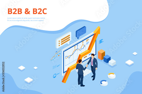 Isometric Business to Business Marketing, B2B Solution, business marketing concept. Online business, Partnership and Agreement