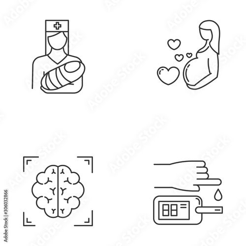 Medical procedure linear icons set. Pediatrics and pregnancy care. Brain scan. Blood test. Nurse with baby. MRI. Thin line contour symbols. Isolated vector outline illustrations. Editable stroke