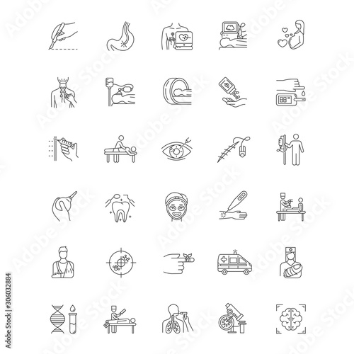 Medical procedure linear icons set. Surgery. Endoscopy. Brain scan. Blood test. Vision correction. Pediatrics. Thin line contour symbols. Isolated vector outline illustrations. Editable stroke