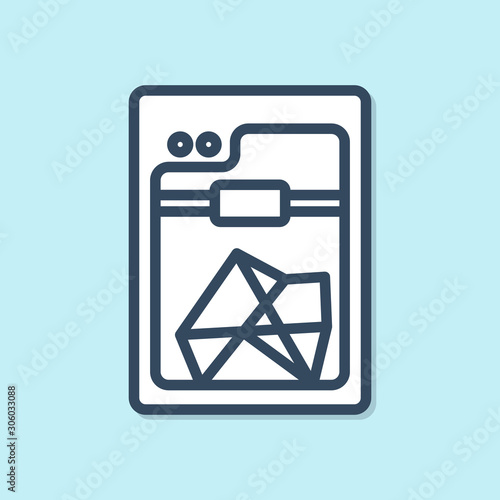 Blue line 3D printer icon isolated on blue background. Vector Illustration