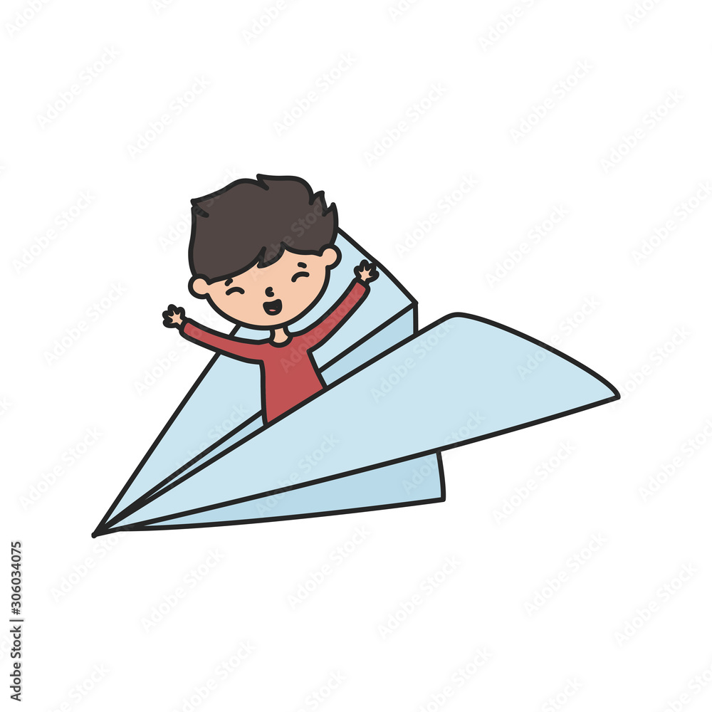 little boy cartoon character in paper plane playing