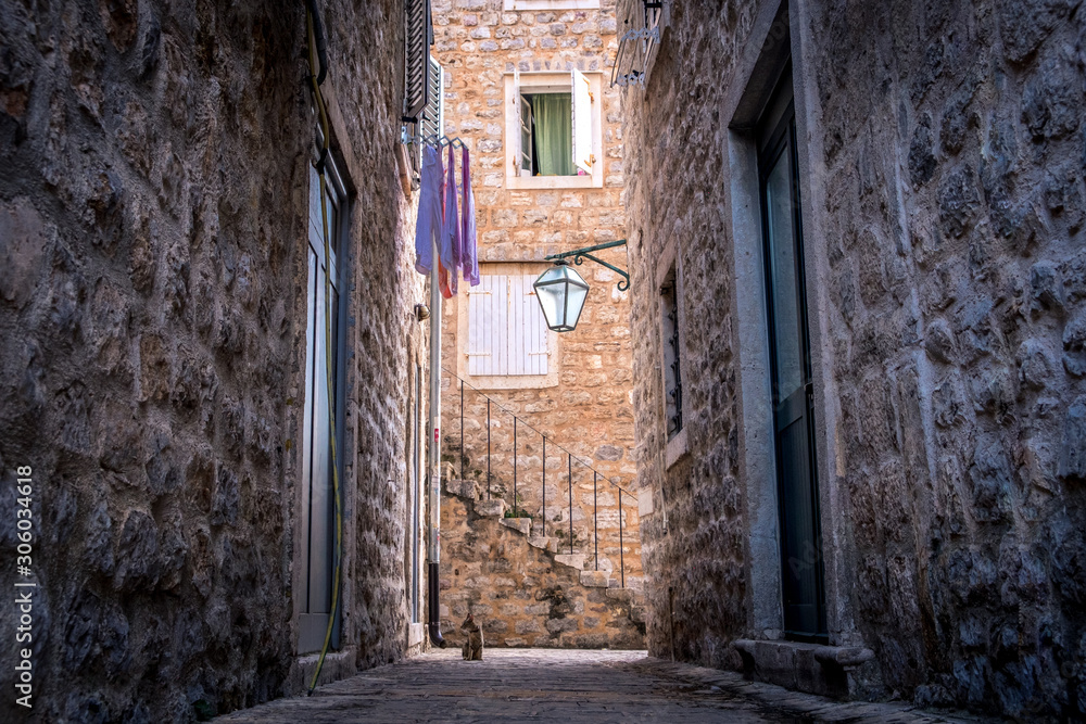 Fototapeta premium A cozy courtyard in the old city of Budva. Drying clothes, domestic cat sitting on the pavement