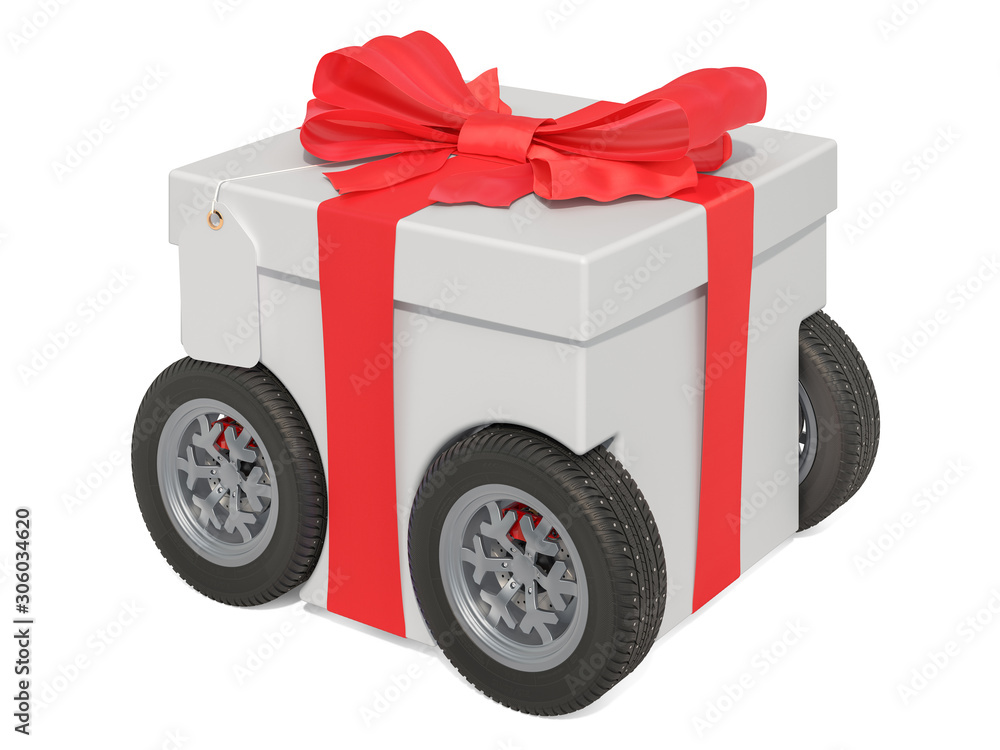 Gift box with wheels, fast delivery concept. 3D rendering Gift box with wheels, fast delivery concept. 3D rendering
