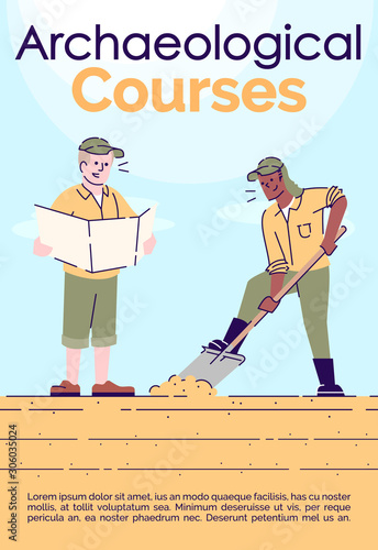 Archaeological courses brochure template. Flyer, booklet, leaflet concept with flat illustrations. Vector page cartoon layout for magazine. Treasure hunt advertising invitation with text space