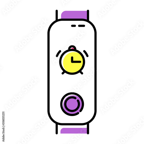 Fitness tracker with alarm clock function color icon. Wellness device with waking up option. Active lifestyle gadget with ringing timepiece, digital wakeup reminder. Isolated vector illustration