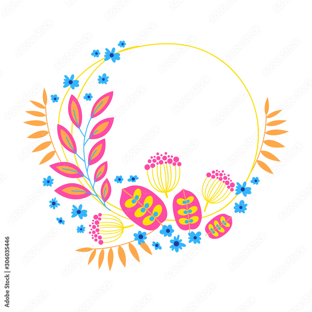 Wreath. Vector floral illustration with branches, berries and leaves. Frame on white background.