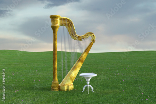 Canvas-taulu Golden harp and stool in a field, 3d render.