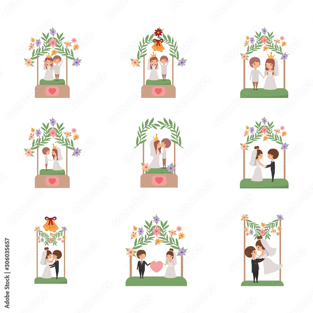 Set of brides and grooms cartoons design Set of brides and grooms cartoons design