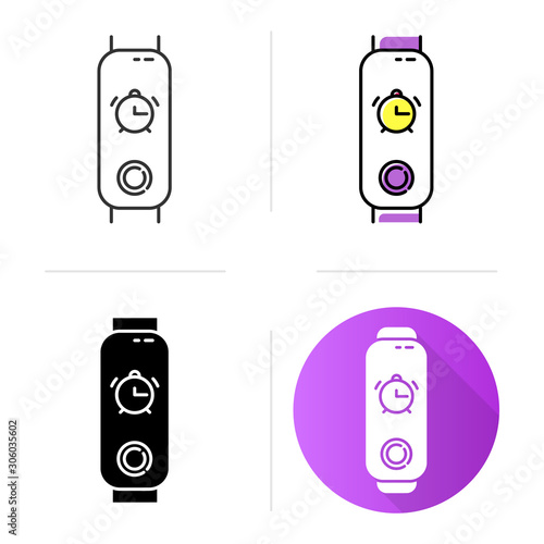 Fitness tracker with alarm clock function icons set. Wellness device with waking up option. Active lifestyle gadget with wakeup reminder. Linear, black and color styles. Isolated vector illustrations