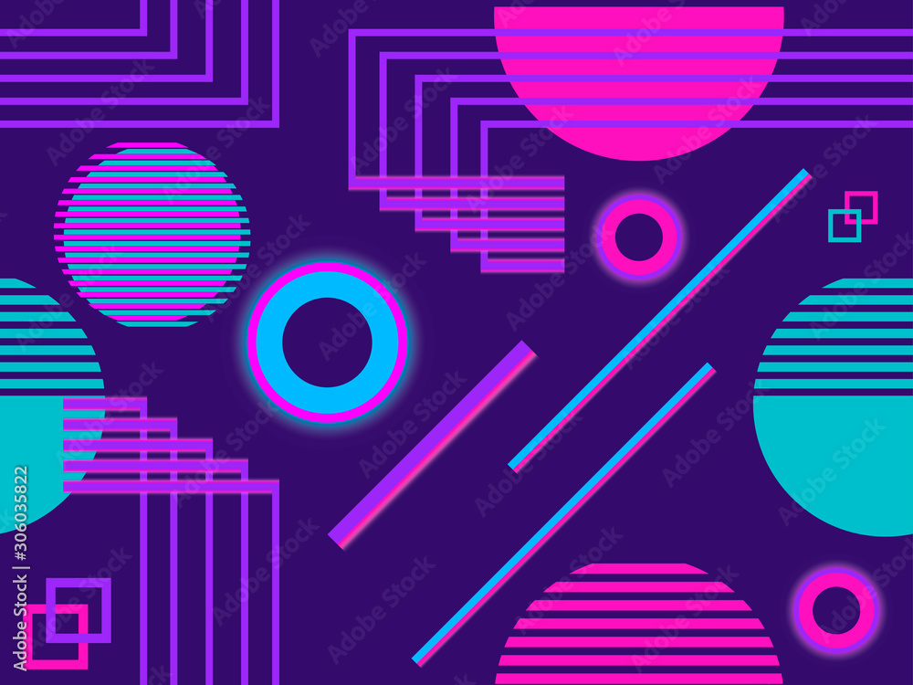 Fototapeta premium Cyberpunk seamless pattern. Retro futurism of the 80s. Neon round and linear light rays. Background synthwave. Vector illustration