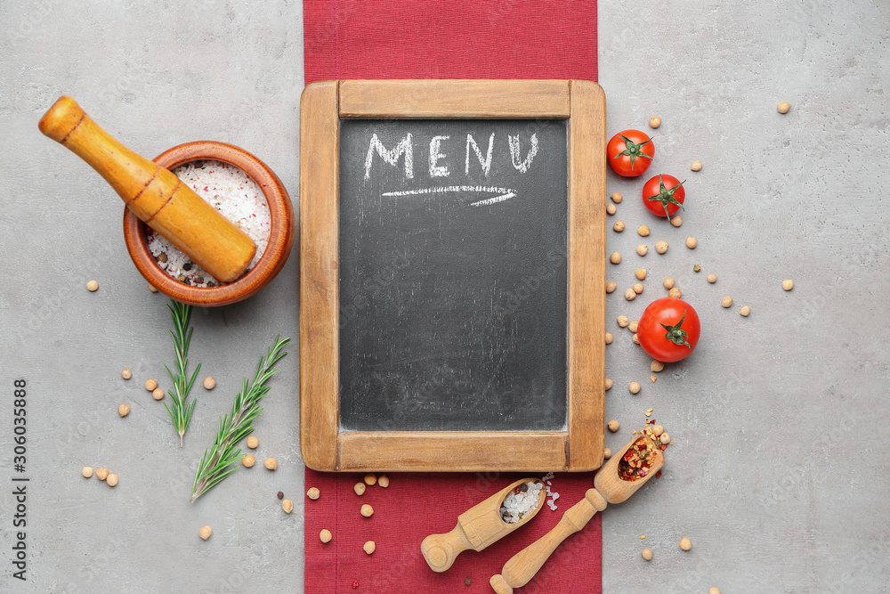 Blank menu and products on grey background Stock Photo | Adobe Stock