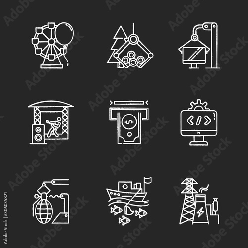 Industry types chalk icons set. Entertainment, timber, computer, music, financial services, software, arms, fishing, energy sectors. Business spheres. Isolated vector chalkboard illustrations