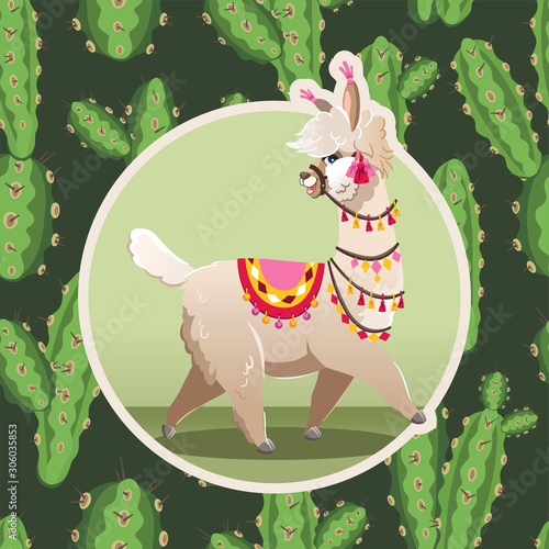 Illustration with llama and cactus plants. Vector seamless pattern on botanical background. Greeting card with Alpaca.