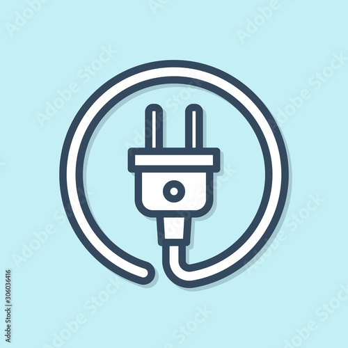 Blue line Electric plug icon isolated on blue background. Concept of connection and disconnection of the electricity. Vector Illustration