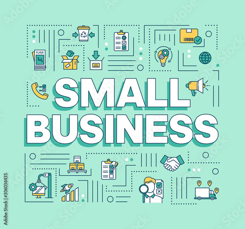Small business word concepts banner. Little enterprises. Startup launch. Commercial activity. Presentation, website. Isolated lettering typography idea with linear icons. Vector outline illustration