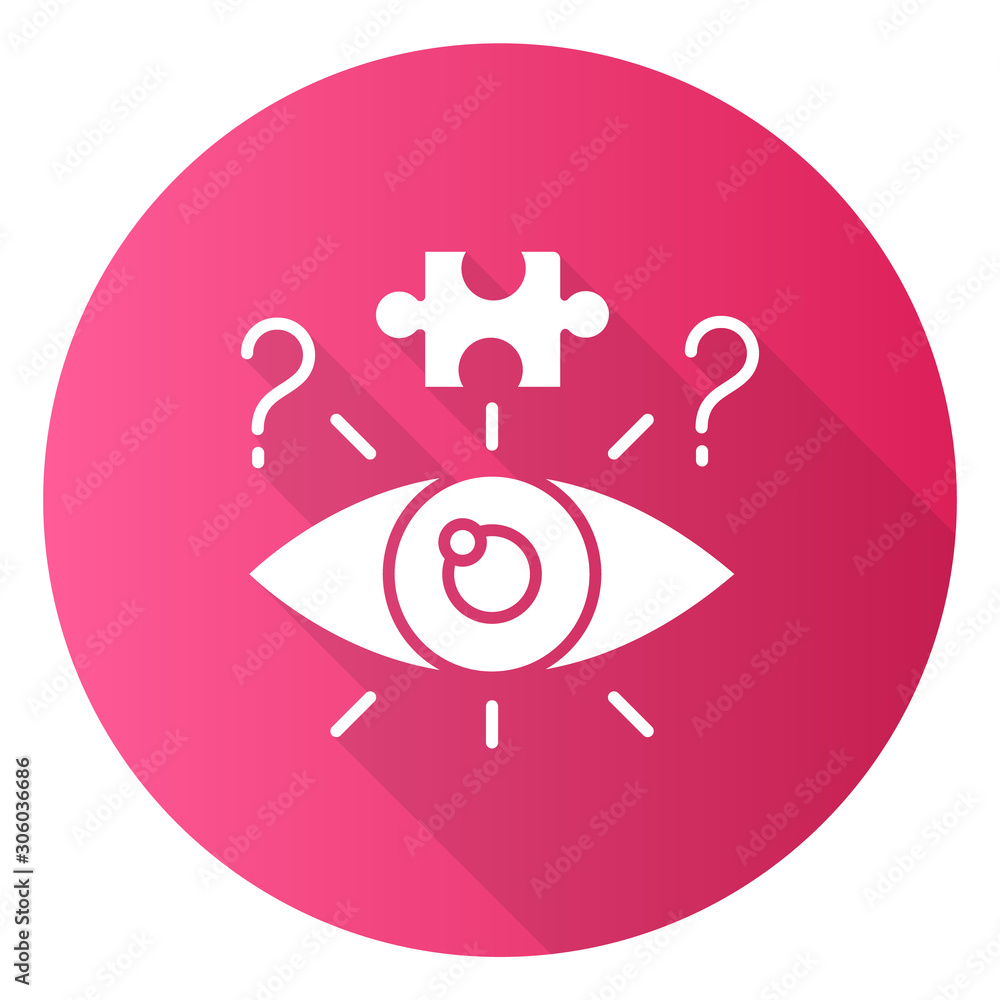 Riddle solving process pink flat design long shadow glyph icon. Mental exercise. Jigsaw puzzle. Mystery, question. Knowledge, intelligence, test. Brain teaser. Vector silhouette illustration Riddle solving process pink flat design long shadow glyph icon. Mental exercise. Jigsaw puzzle. Mystery, question. Knowledge, intelligence, test. Brain teaser. Vector silhouette illustration