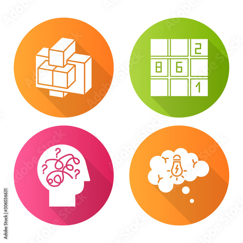 Puzzles and riddles flat design long shadow glyph icons set. Sudoku. Puzzled mind. Problem solving process. Thought bubble. Mechanical puzzle. Logic games. Brain teaser. Vector silhouette illustration