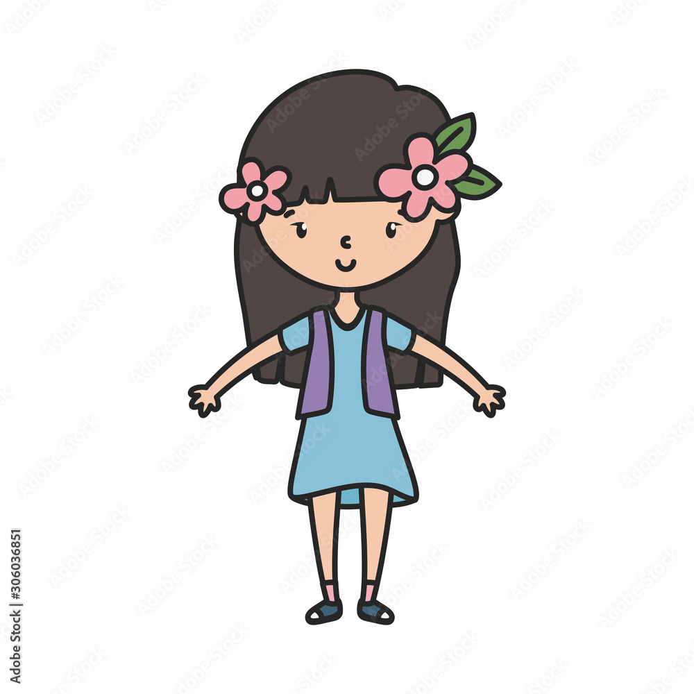 happy little girl cartoon character with flowers in the hair