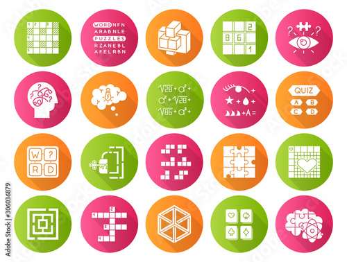 Puzzles and riddles flat design long shadow glyph icons set. Mental exercise. Challenge. Language, vocabulary, intelligence test. Brain teaser. Problem solving. Vector silhouette illustration