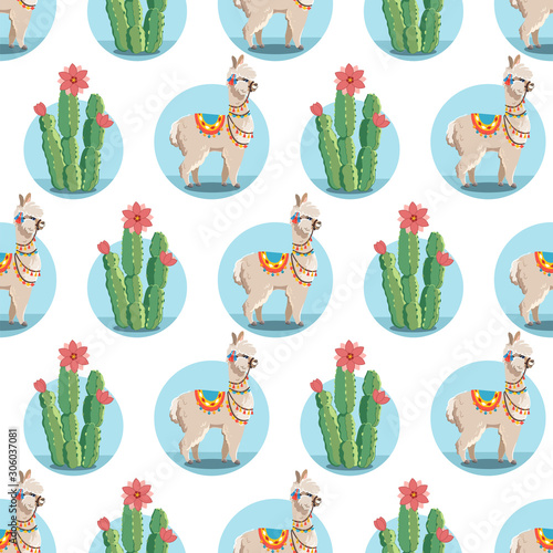 Illustration with alpaca and cactus plants. Vector seamless pattern on white background. Llama.