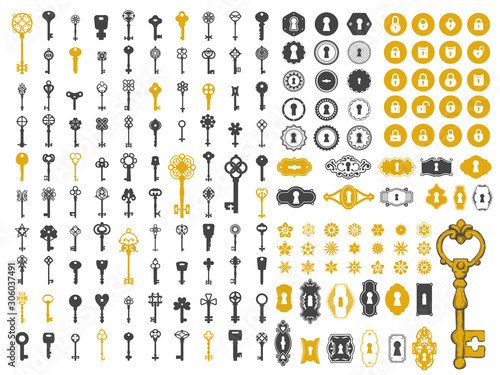 Vector illustration with design elements for decoration. Big silhouettes and icon set of keys, locks, old keyhole on black background. Vintage style. photo