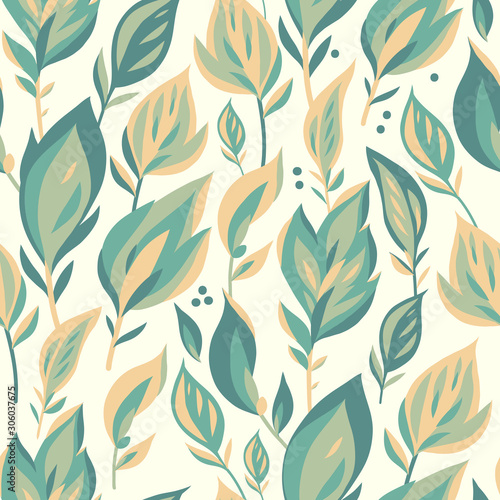 Vector seamless pattern on white with leaves and branch. Abstract background with floral elements. Natural design.