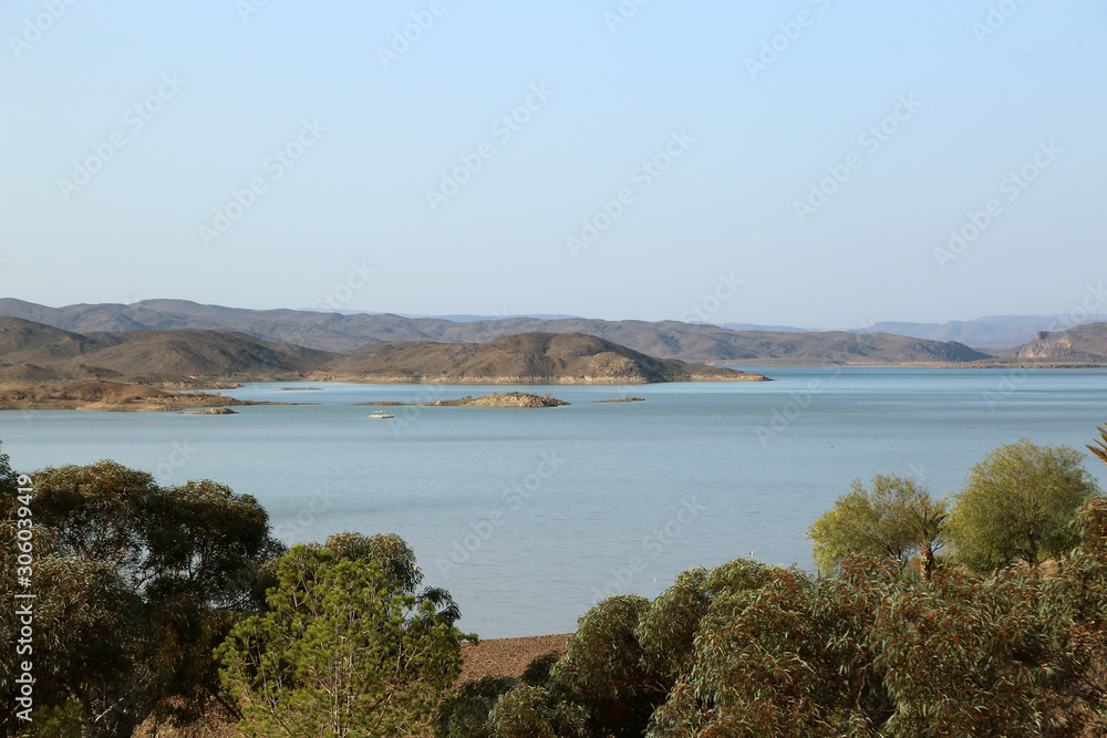 Landscape with a lake near the city of Ouarzazate in Morocco.