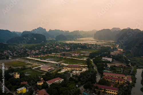 Aerial view of Tam Coc near Ninh Binh at sunset in Northern Vietnam, Asia.