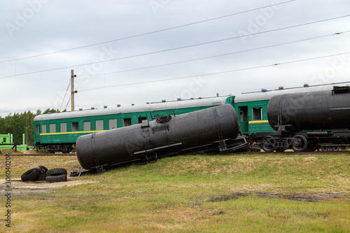 Wreckage of the russian trains, which is used for the simulation of train accident at the training ground of the Noginsk Rescue Center. City of Noginsk, Moscow region, Russia
