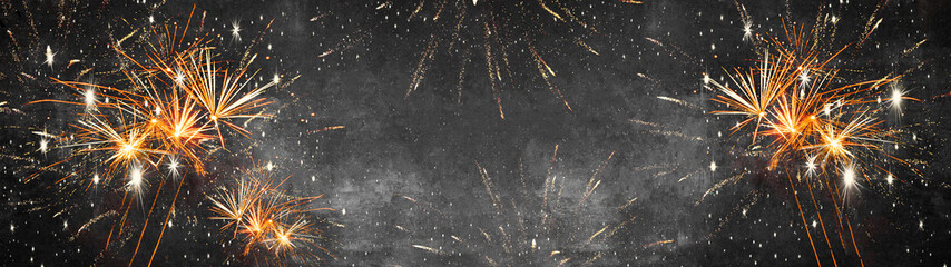 Silvester 2026, New Year's Eve, New Year, new years eve festival Party celebration holiday background banner panorama - Firework fireworks on rustic dark black grey stone concrete texture