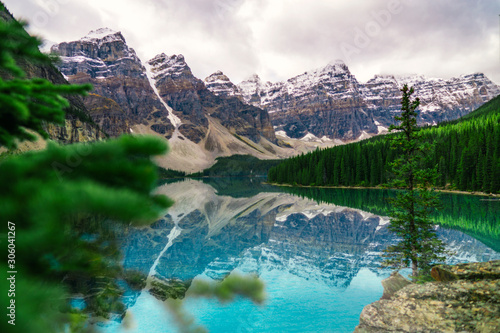 Moraine Lake In Evening With Beautiful Sunset Over Snowy Mountain Peaks Banff Alberta Canada