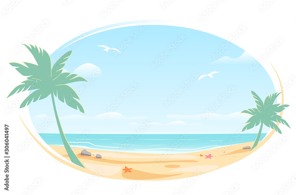 Tropic landscape Poster, oval frame for banner design. Sunny Paradise template illustration with copy space. Summer vacation traveling beach ocean. Greeting card. Vector White background isolated.