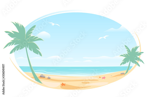 Tropic landscape Poster  oval frame for banner design. Sunny Paradise template illustration with copy space. Summer vacation traveling beach ocean. Greeting card. Vector White background isolated.