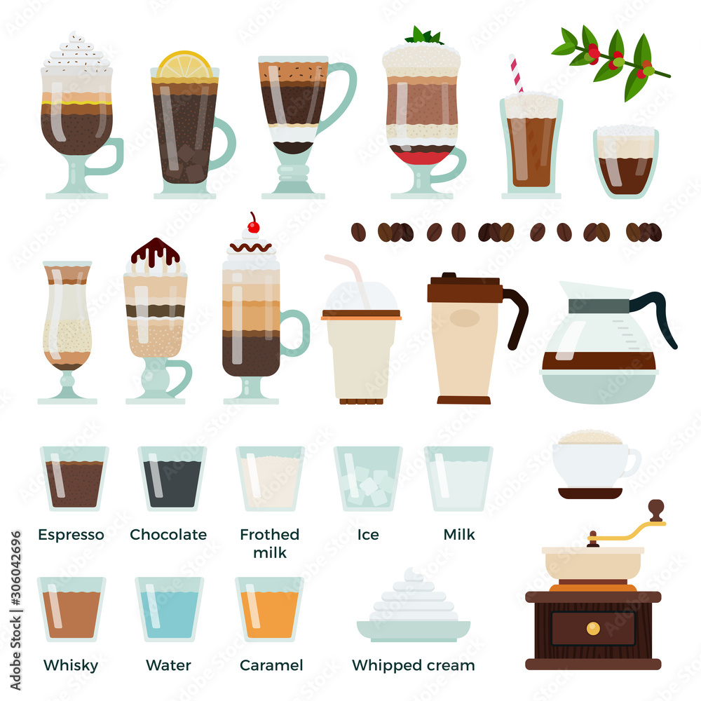 Set of Coffee and ingredients icons flat vector Set of Coffee and ingredients icons flat vector