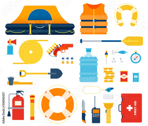 Set of Boat safety kit, Life raft, float flat vector illustration.