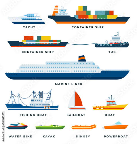 Set of Boats, Ship, Yacht, Sail flat vector illustration.