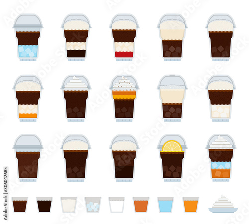 Set of Ice Coffee, drink icons flat vector