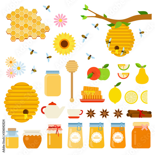 Set of Honey and Honeybee icons flat vector