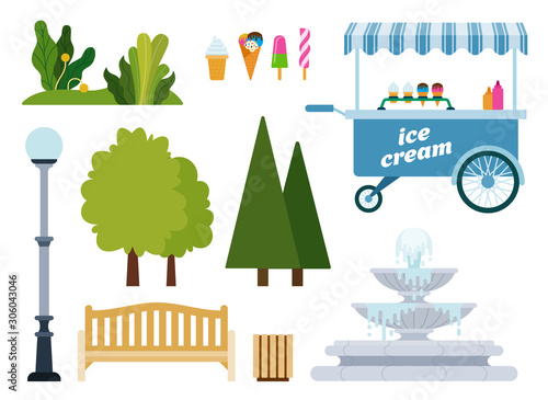 Set of Urban Park objects flat vector illustration.