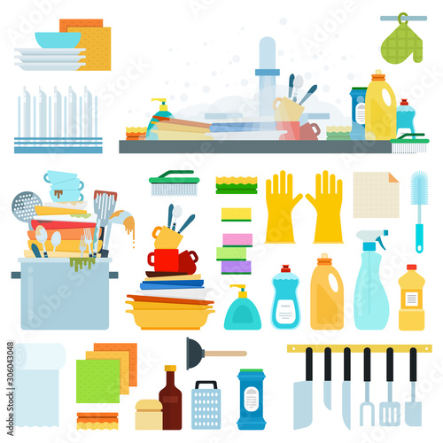 Set of Dish Washing flat vector illustration.