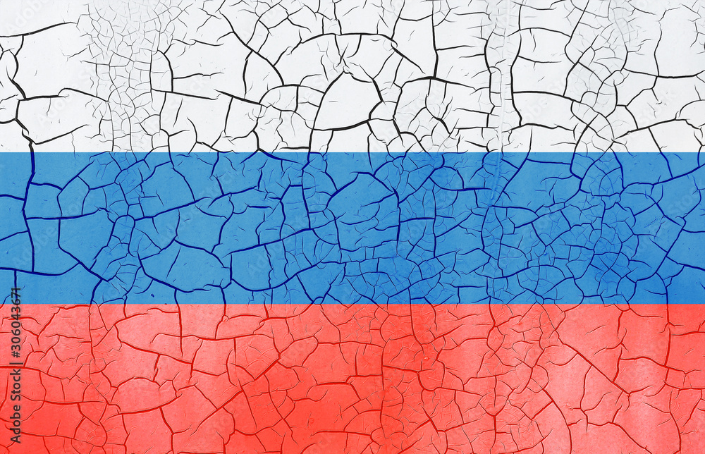 RU flag pattern on crack earth texture, vintage style. Concept, flag on cracked background, retro. Russian Federation