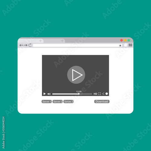 Video player on browser page template in flat style vector illustration. play sign icon