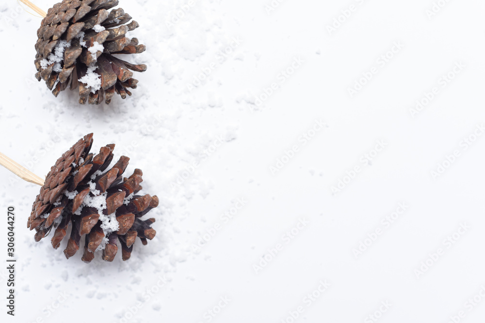 Pine cones with snow flakes on white winter christmas background Pine cones with snow flakes on white winter christmas background