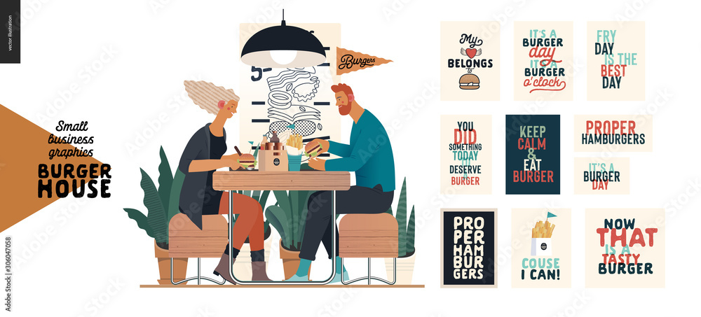 Plakat Burger house -small business graphics - visitors -modern flat vector concept illustrations -young couple eating burgers at the table in burger restaurant, interior, set of captions posters