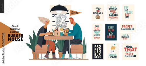 Burger house -small business graphics - visitors -modern flat vector concept illustrations -young couple eating burgers at the table in burger restaurant, interior, set of captions posters